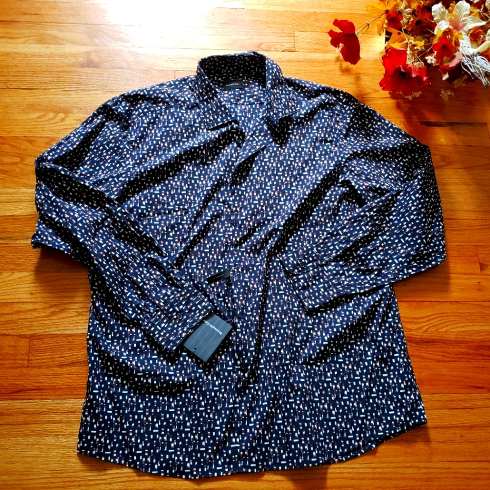 ERMENEGILDO ZEGNA MENS XXL Button Up Geometric  Blue Burgundy White Tailored Fit